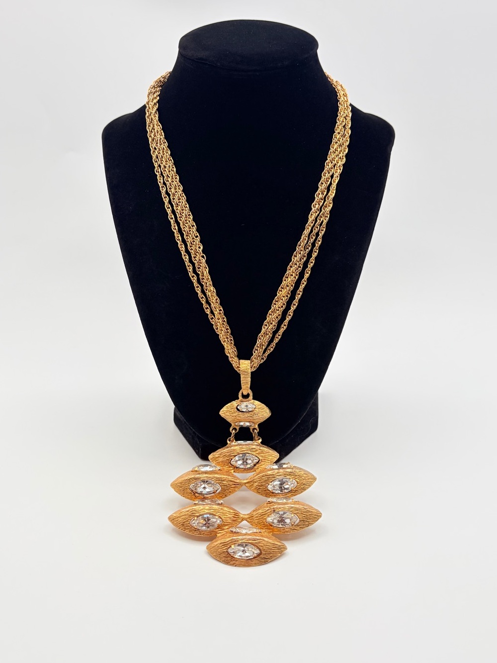 Vintage Gold Tone Multi Strand Rhinestone Statement Pendant Necklace